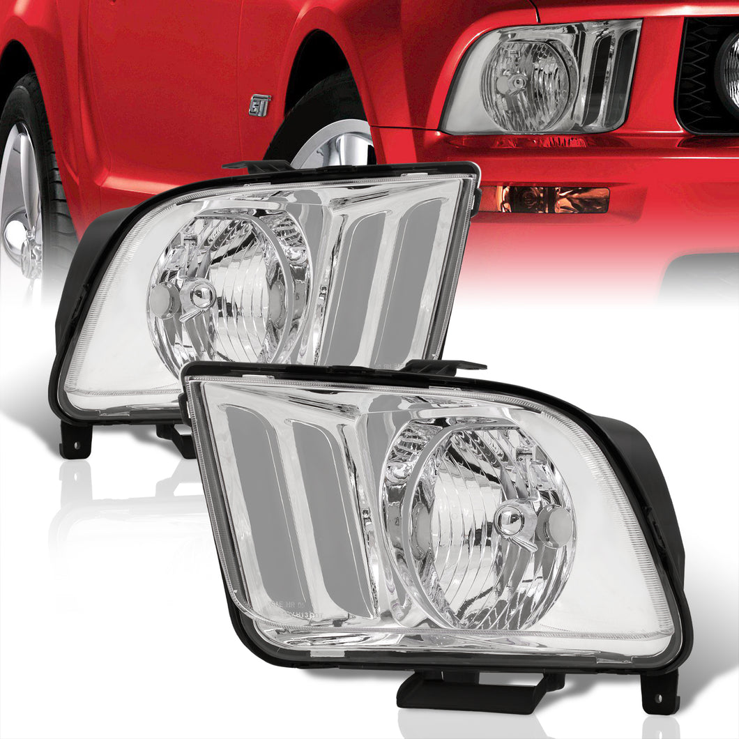 Ford Mustang 2005-2009 Factory Style Headlights Chrome Housing Clear Len Clear Reflector