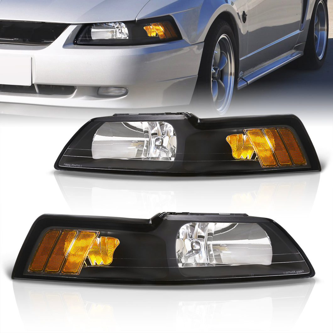 Ford Mustang 1999-2004 Factory Style Headlights Black Housing Clear Len Amber Reflector