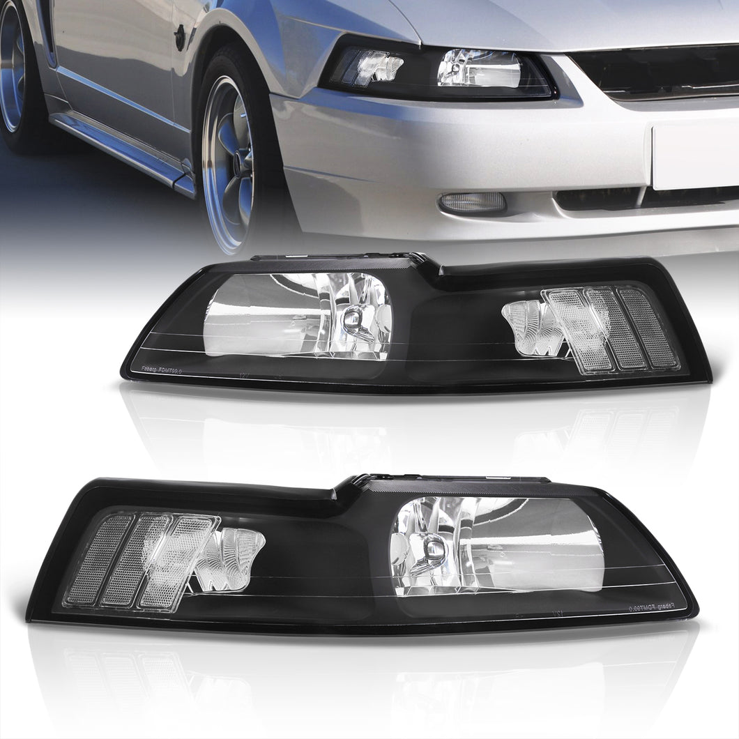 Ford Mustang 1999-2004 Factory Style Headlights Black Housing Clear Len Clear Reflector