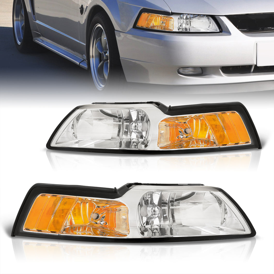 Ford Mustang 1999-2004 Factory Style Headlights Chrome Housing Clear Len Amber Reflector