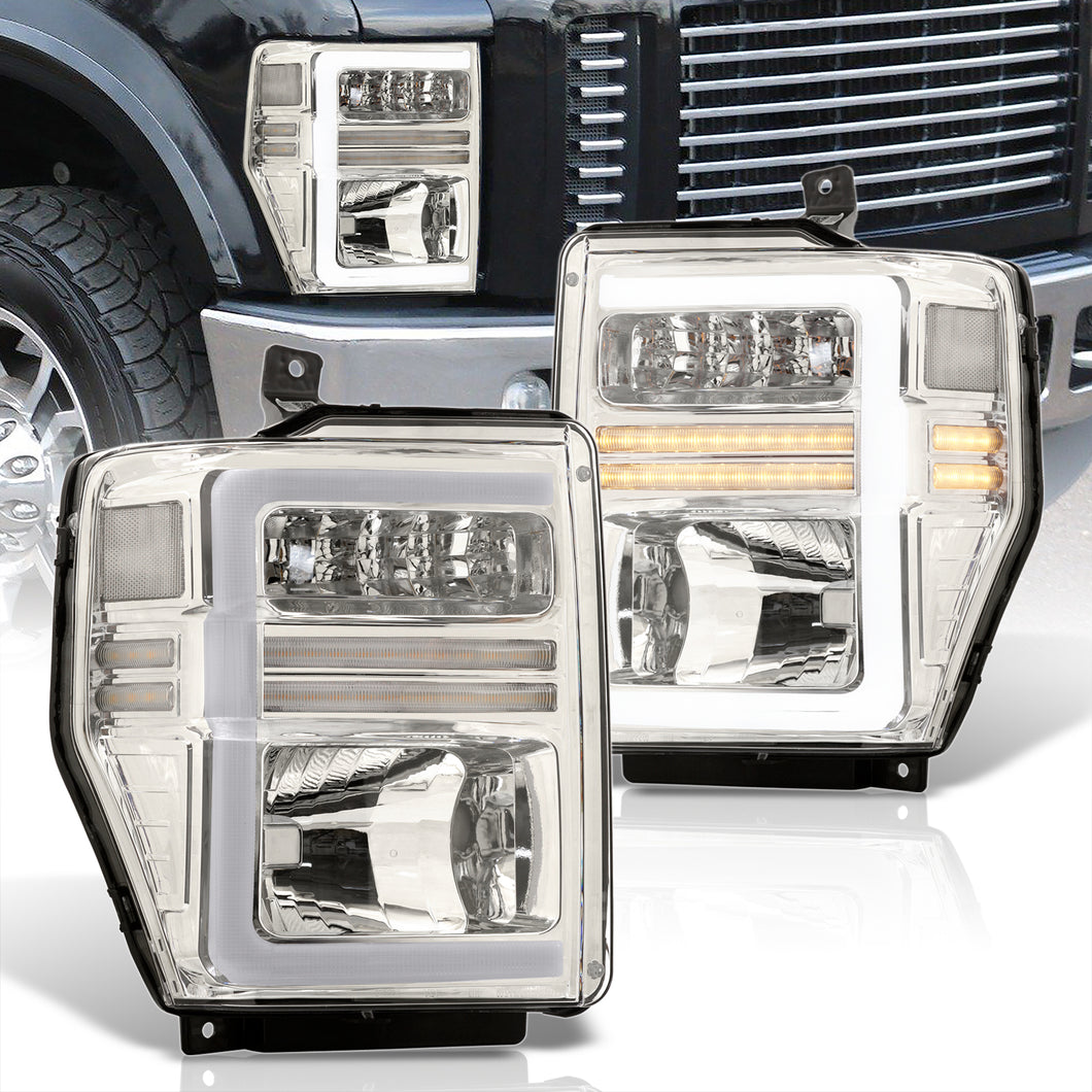 Ford F250 F350 F450 F550 Super Duty 2008-2010 Sequential LED DRL Bar Factory Style Headlights Chrome Housing Clear Len Clear Reflector