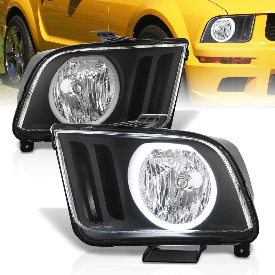 Ford Mustang 2005-2009 LED DRL Halo Headlights Black Housing Clear Len Clear Reflector (Halogen Models Only)