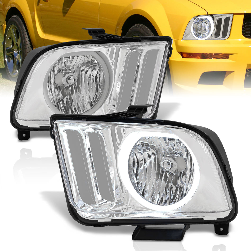 Ford Mustang 2005-2009 LED DRL Halo Headlights Chrome Housing Clear Len Clear Reflector (Halogen Models Only)