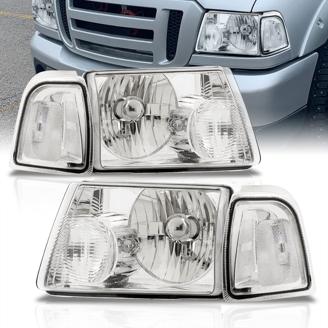 Ford Ranger 2001-2011 Factory Style Headlights + Corners Chrome Housing Clear Len Clear Reflector