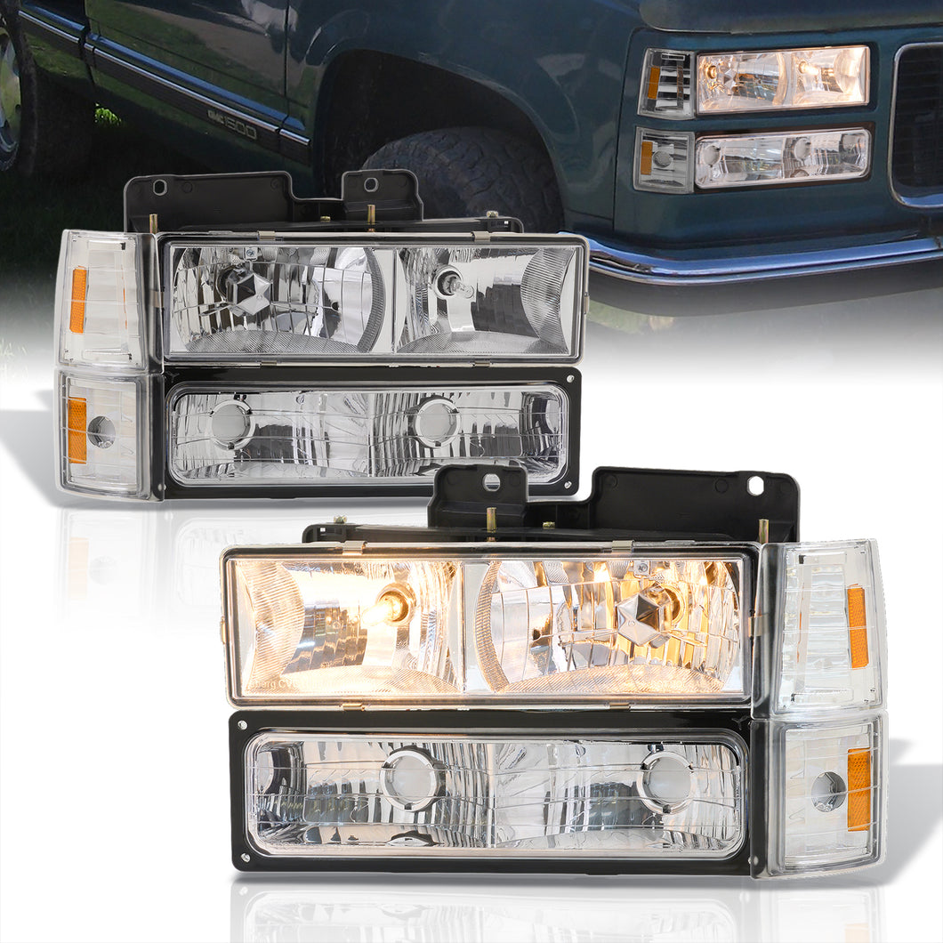 GMC C/K 1500 2500 3500 1994-2000 Factory Style Headlights + Bumpers + Corners Chrome Housing Clear Len Amber Reflector