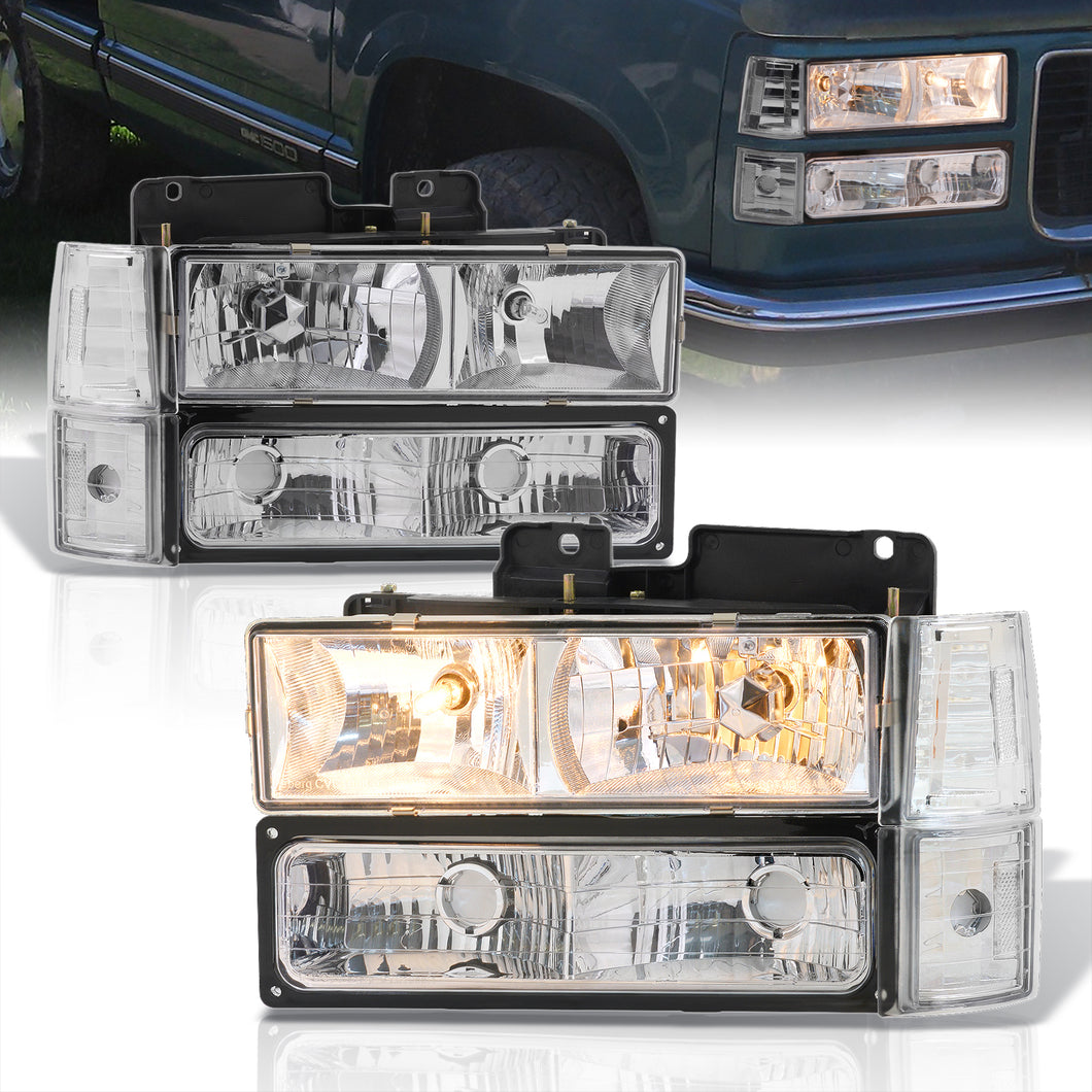 GMC C/K 1500 2500 3500 1994-2000 Factory Style Headlights + Bumpers + Corners Chrome Housing Clear Len Clear Reflector