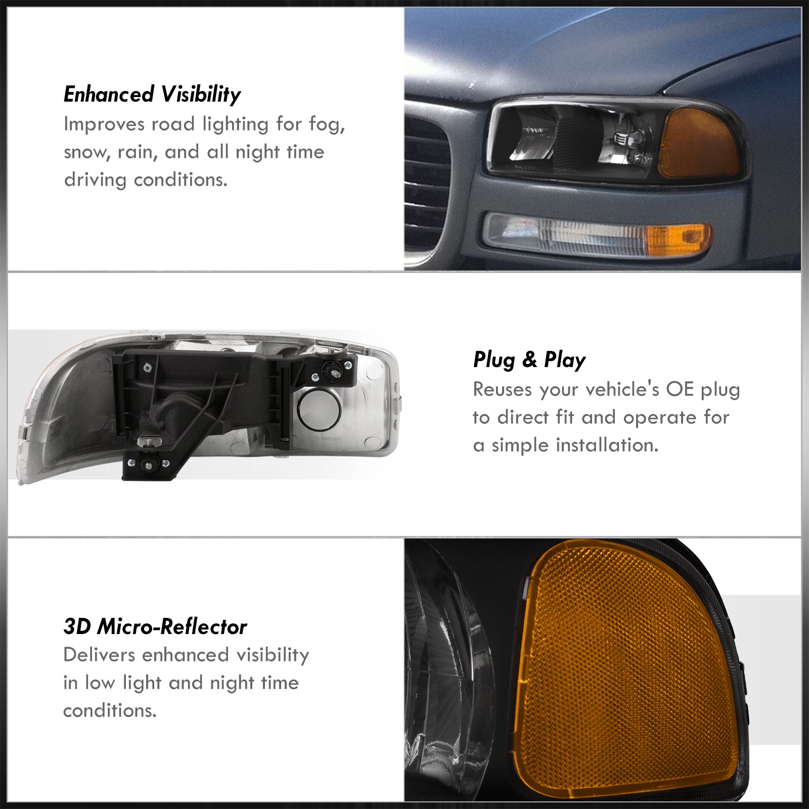 AUTOWIKI Amber Fog Lights For 1999-2002 GMC Sierra & 2000-2006 Yukon, Halogen With Yellow Lens
