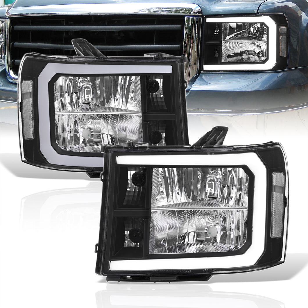 GMC Sierra 1500 2007-2013 / 2500HD 3500HD 2007-2014 LED DRL Bar Factory Style Headlights Black Housing Clear Len Clear Reflector