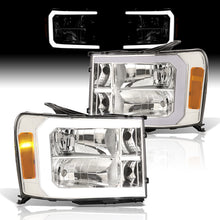 Load image into Gallery viewer, GMC Sierra 1500 2007-2013 / 2500HD 3500HD 2007-2014 LED DRL Bar Factory Style Headlights Chrome Housing Clear Len Amber Reflector
