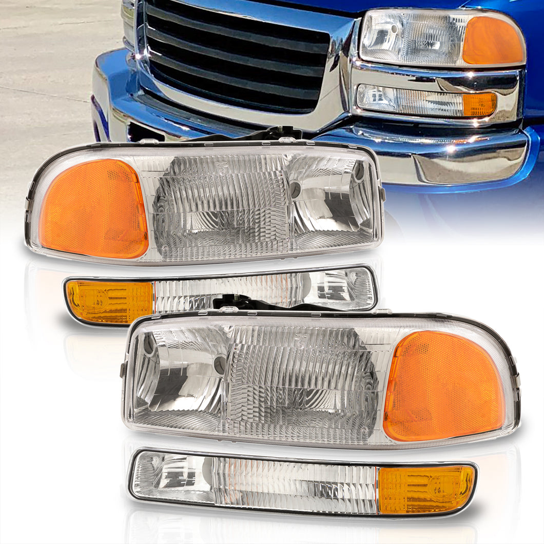 GMC Sierra 1500 1500HD 2500 2500HD 3500 1999-2006 / Sierra Classic 2007 / Yukon 2000-2006 / Yukon XL 1500 2500 2000-2006 Factory Style Headlights + Bumpers Chrome Housing Clear Len Amber Reflector