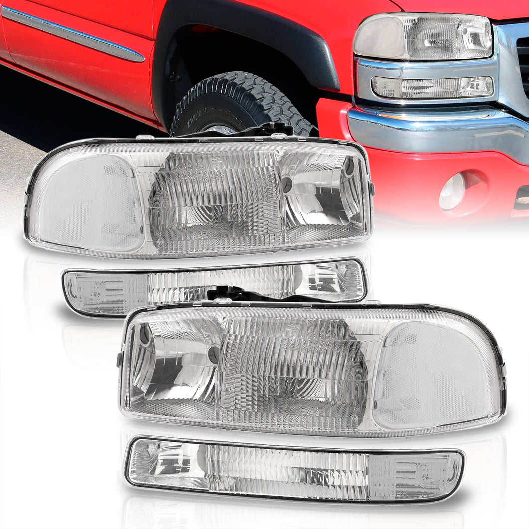 GMC Sierra 1500 1500HD 2500 2500HD 3500 1999-2006 / Sierra Classic 2007 / Yukon 2000-2006 / Yukon XL 1500 2500 2000-2006 Factory Style Headlights + Bumpers Chrome Housing Clear Len Clear Reflector