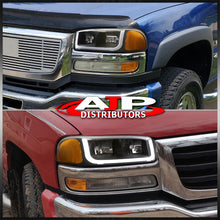 Load image into Gallery viewer, GMC Sierra 1500 2500 1999-2007 / Sierra 1500HD 2500HD 3500 2001-2007 / Yukon 1999-2006 / Yukon XL 1500 2500 2000-2006 LED DRL Bar Factory Style Headlights Black Housing Clear Len Amber Reflector
