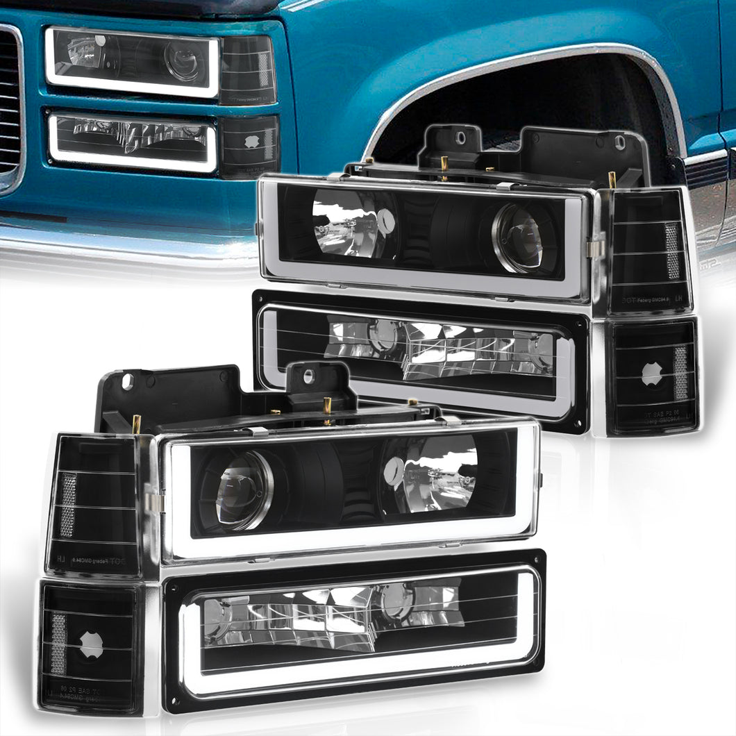 GMC C/K 1500 2500 3500 1994-2000 LED DRL Bar Projector Headlights + Bumpers + Corners Black Housing Clear Len Clear Reflector
