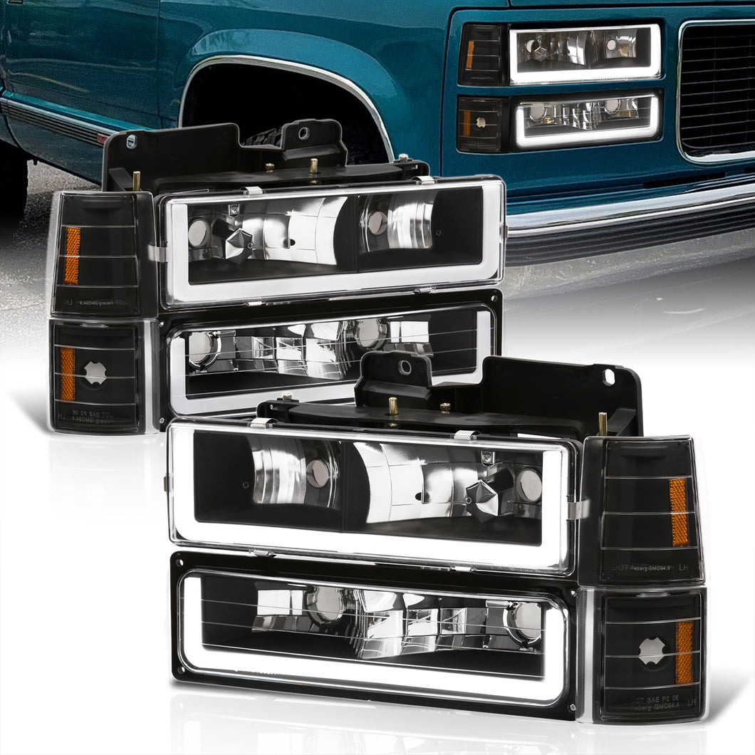 GMC C/K 1500 2500 3500 1994-2000 LED DRL Bar Factory Style Headlights + Bumpers + Corners Black Housing Clear Len Amber Reflector