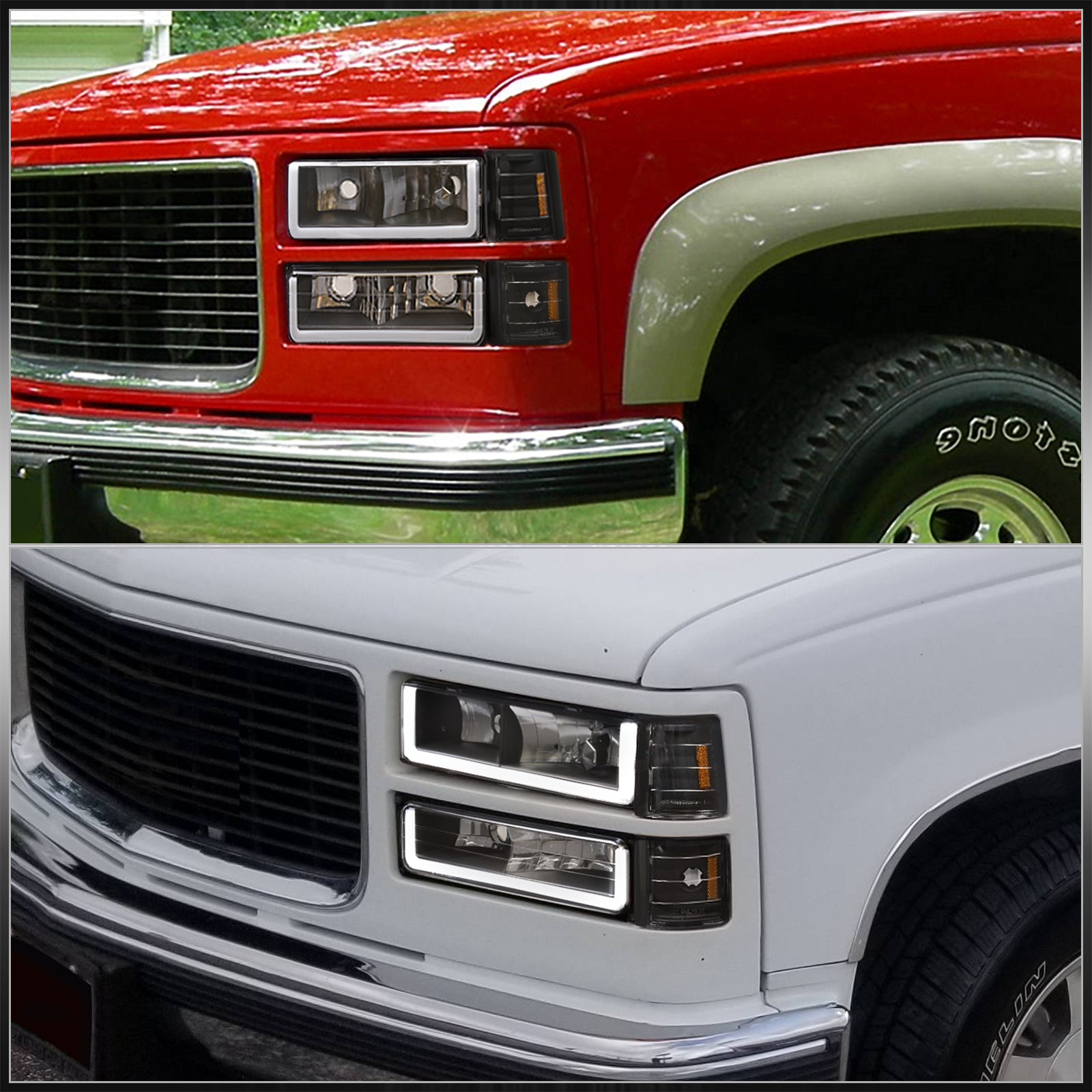 Jijiamotor13 LED DRL Headlights + Bumper Corner Lamps For 1994-2000 GMC C/K Suburban – Halogen Reflector Style