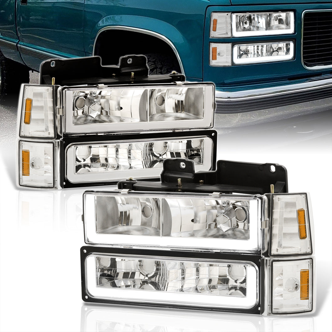 GMC C/K 1500 2500 3500 1994-2000 LED DRL Bar Factory Style Headlights + Bumpers + Corners Chrome Housing Clear Len Amber Reflector