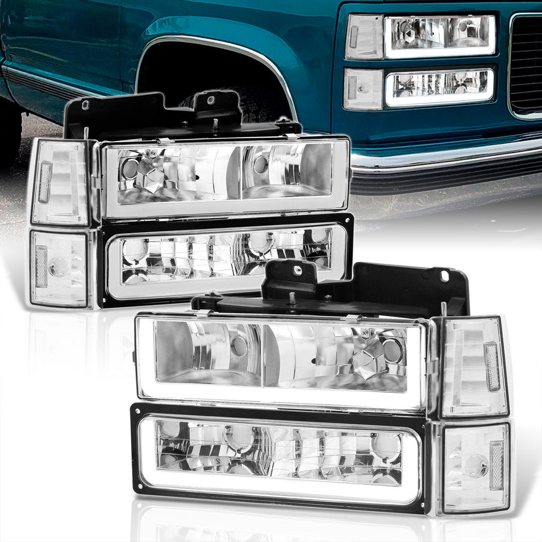 GMC C/K 1500 2500 3500 1994-2000 LED DRL Bar Factory Style Headlights + Bumpers + Corners Chrome Housing Clear Len Clear Reflector