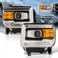 Load image into Gallery viewer, GMC Sierra 1500 2014-2018 / Sierra 2500HD 3500HD 2015-2019 LED DRL Bar Factory Style Projector Headlights Black Housing Clear Len Amber Reflector (Halogen Models Only)
