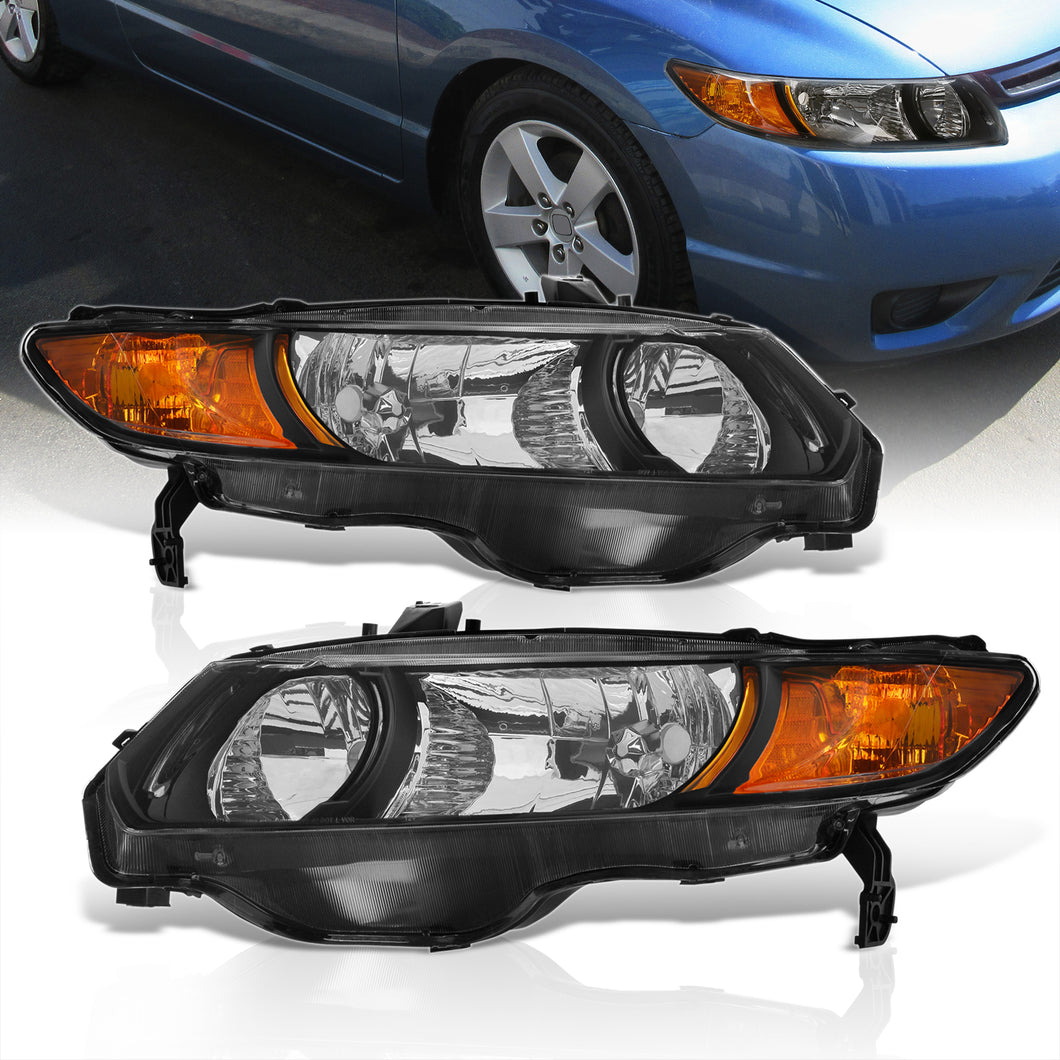 Honda Civic Coupe 2006-2011 Factory Style Headlights Black Housing Clear Len Amber Reflector