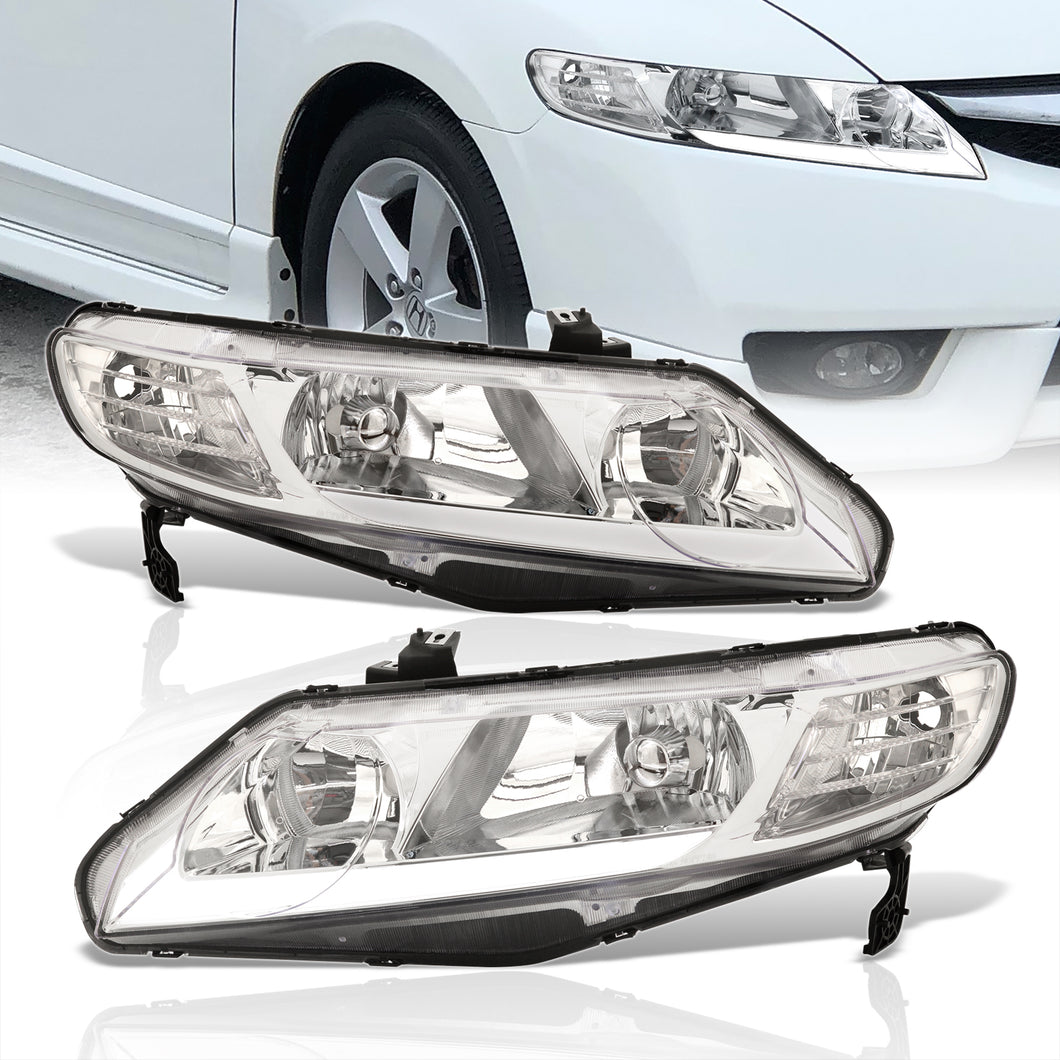 Honda Civic Sedan 2006-2011 LED DRL Bar Factory Style Headlights Chrome Housing Clear Len Clear Reflector