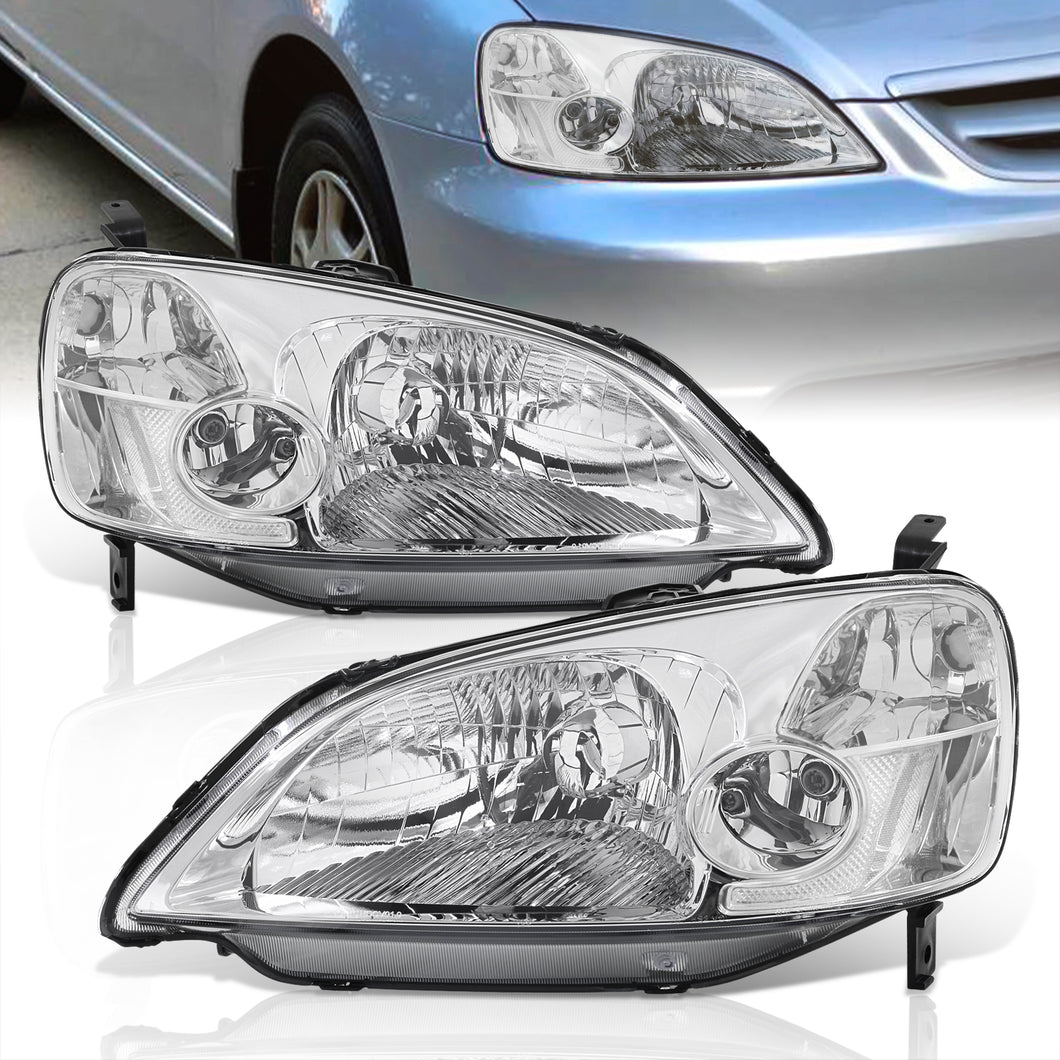 Honda Civic 2/4Door 2001-2003 Factory Style Headlights Chrome Housing Clear Len Clear Reflector