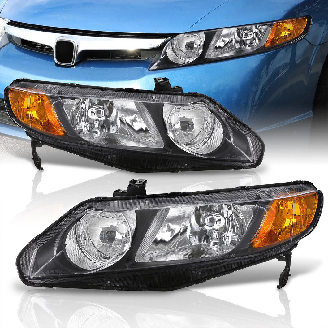 Honda Civic Sedan 2006-2011 Factory Style Headlights Black Housing Clear Len Amber Reflector