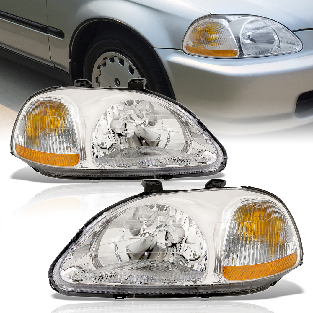 Honda Civic 1996-1998 Factory Style Headlights Chrome Housing Clear Len Amber Reflector