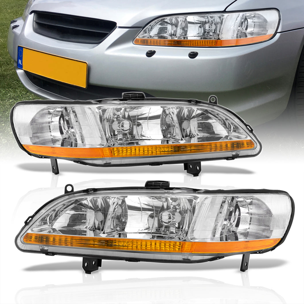 Honda Accord 1998-2002 Factory Style Headlights Chrome Housing Clear Len Amber Reflector