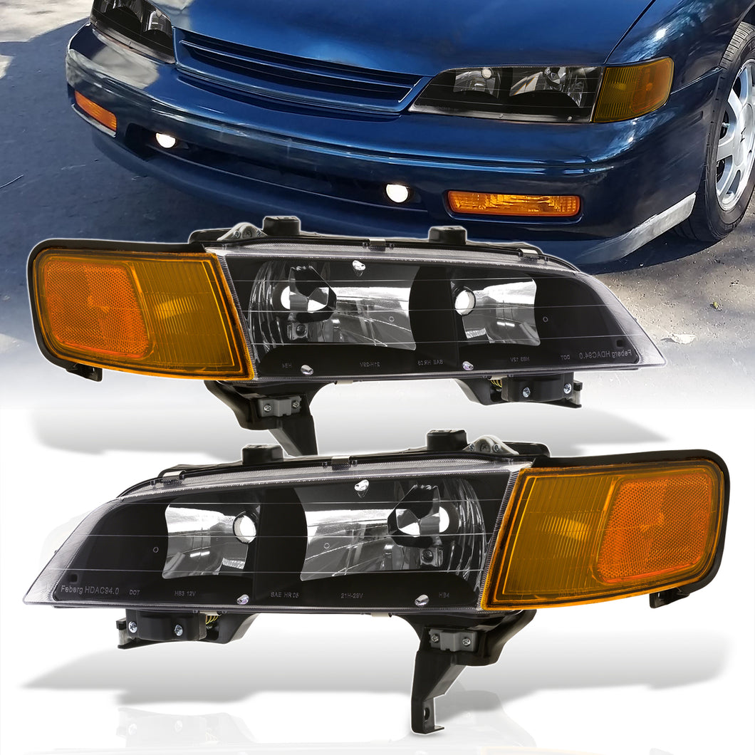 Honda Accord 1994-1997 Factory Style Headlights + Corners Black Housing Clear Len Amber Reflector (Full Amber Corners)