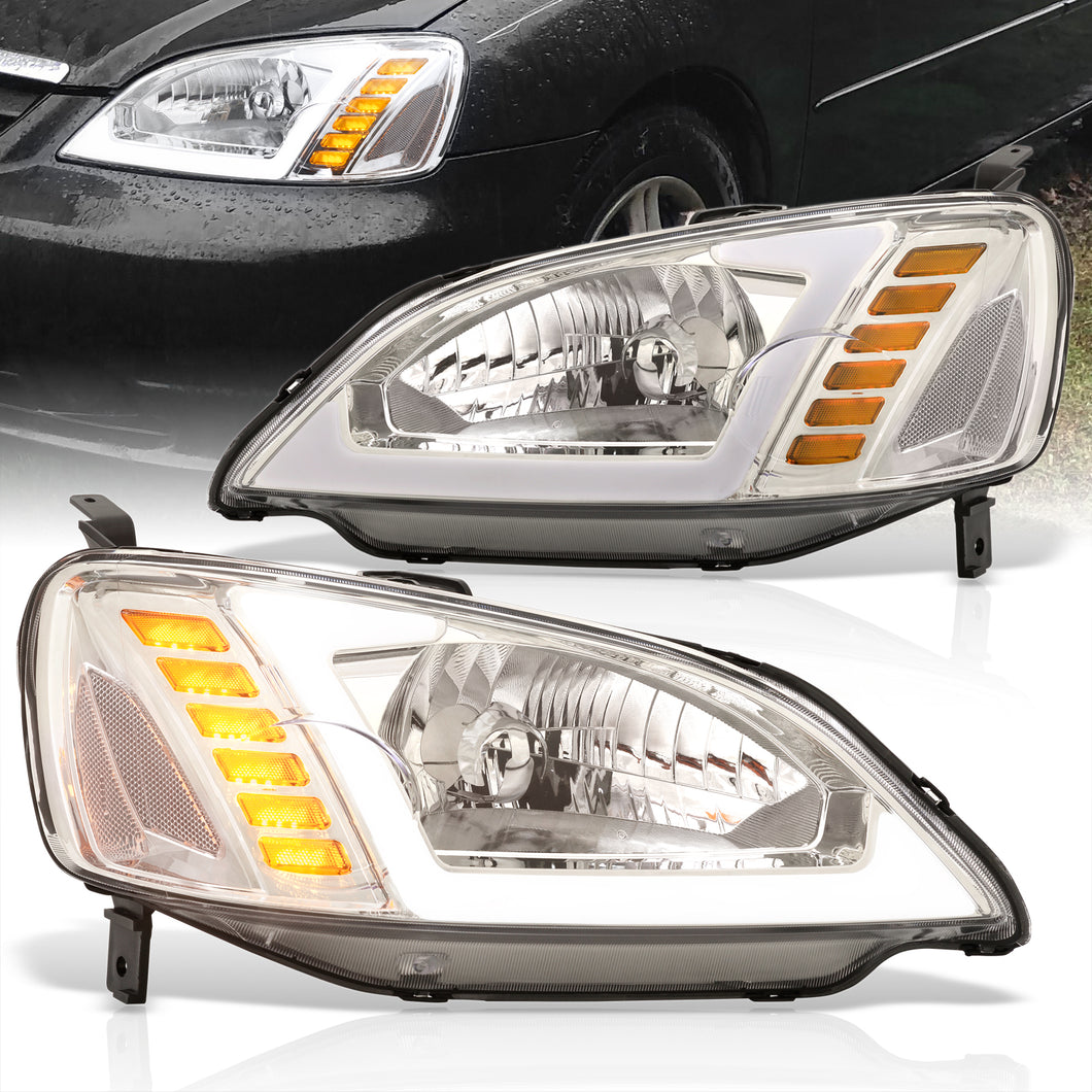 Honda Civic 2001-2003 Sequential LED DRL Bar Factory Style Headlights Chrome Housing Clear Len Clear Reflector