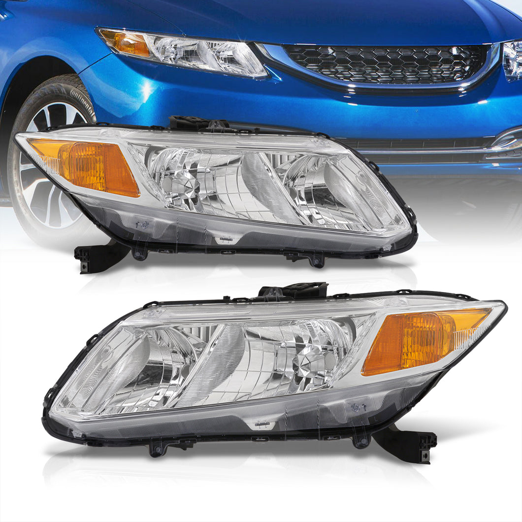 Honda Civic Sedan 2012-2015 / Honda Civic Coupe 2012-2013 Factory Style Headlights Chrome Housing Clear Len Amber Reflector