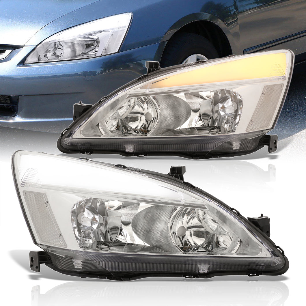 Honda Accord 2003-2007 LED DRL Bar Factory Style Headlights Chrome Housing Clear Len Clear Reflector