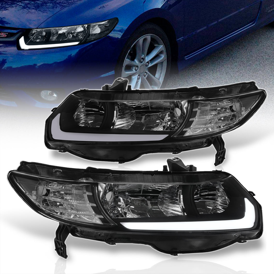 Honda Civic Coupe 2006-2011 LED DRL Bar Factory Style Headlights Black Housing Clear Len Clear Reflector