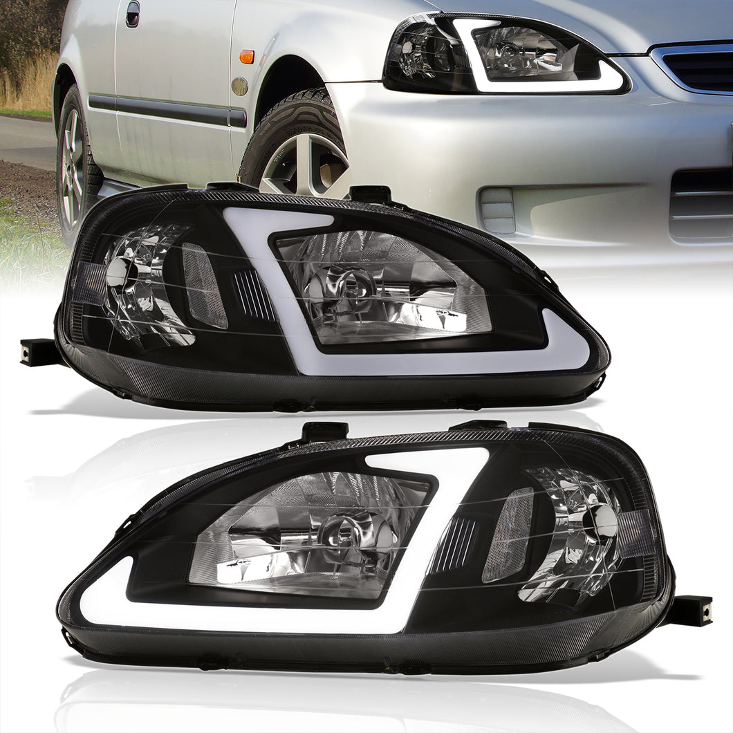 Honda Civic 1999-2000 LED DRL Bar Factory Style Headlights Black Housing Clear Len Clear Reflector