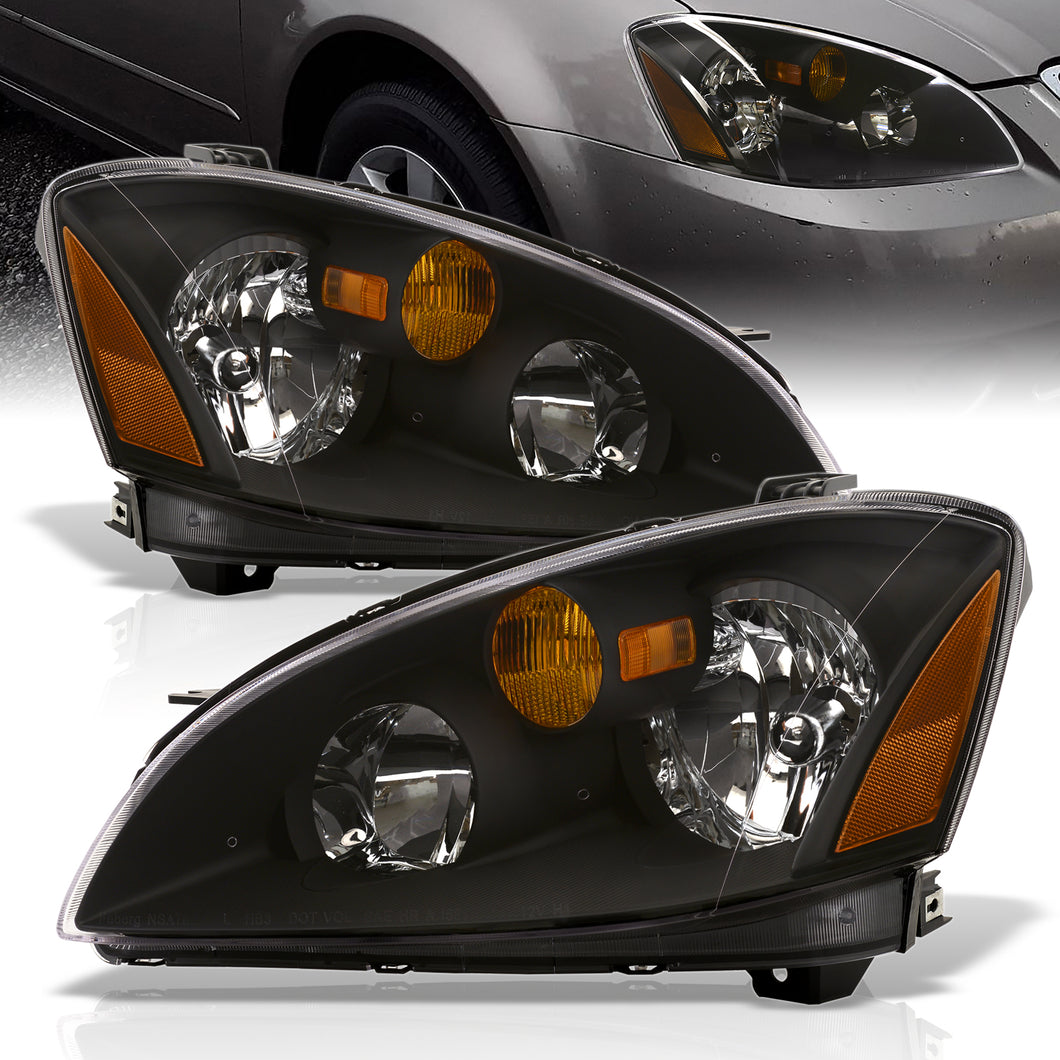 Nissan Altima 2002-2004 Factory Style Headlights Black Housing Clear Len Amber Reflector (Halogen Models Only)