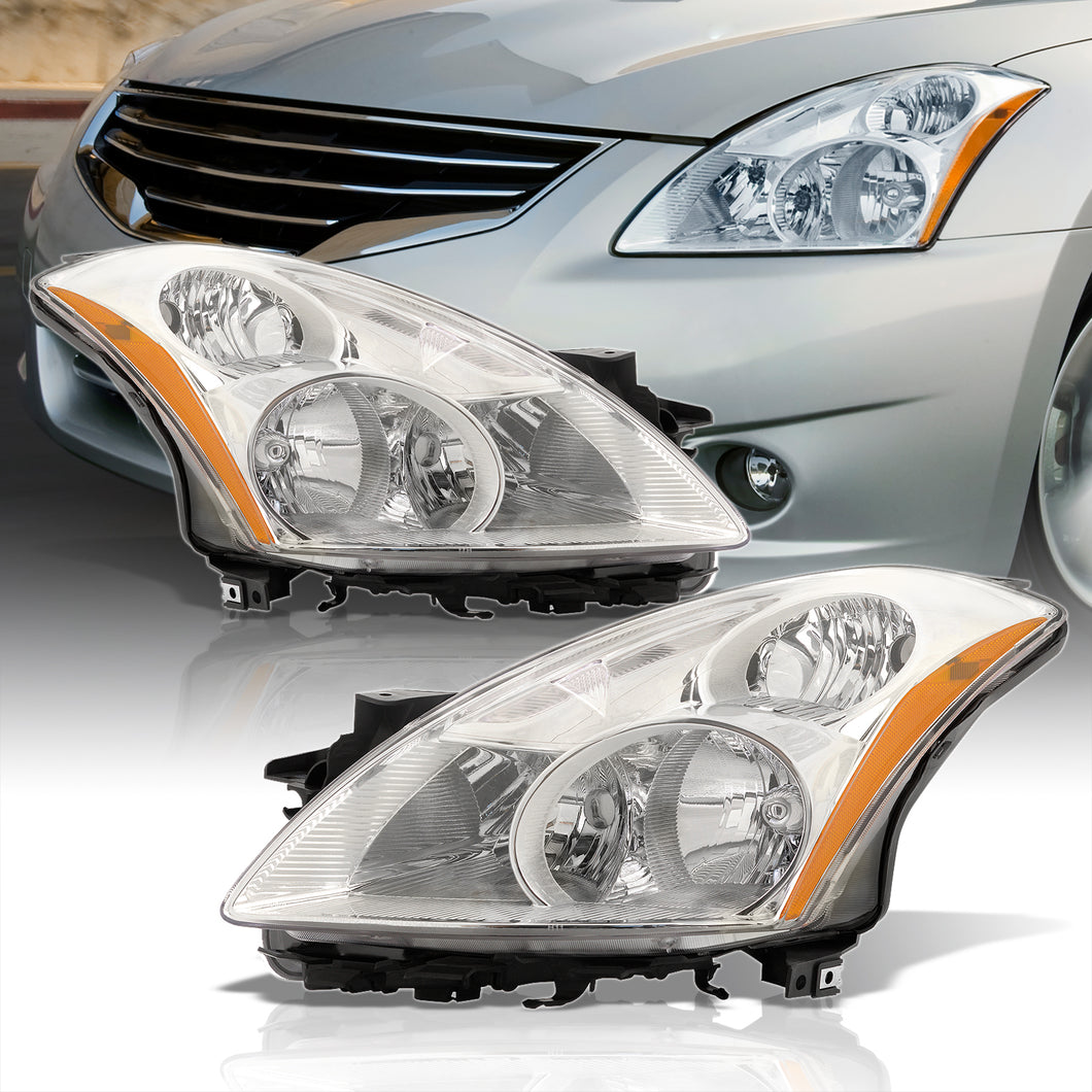 Nissan Altima Sedan 2010-2012 Factory Style Projector Headlights Chrome Housing Clear Len Amber Reflector (Halogen Models Only)