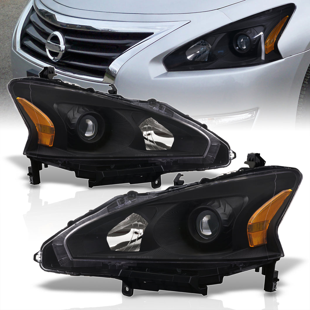 Nissan Altima Sedan 2013-2015 Factory Style Projector Headlights Black Housing Clear Len Amber Reflector (Halogen Models Only)