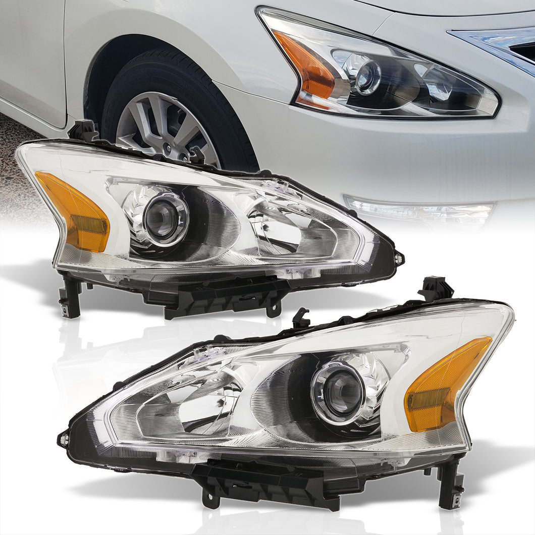 Nissan Altima Sedan 2013-2015 Factory Style Projector Headlights Chrome Housing Clear Len Amber Reflector (Halogen Models Only)