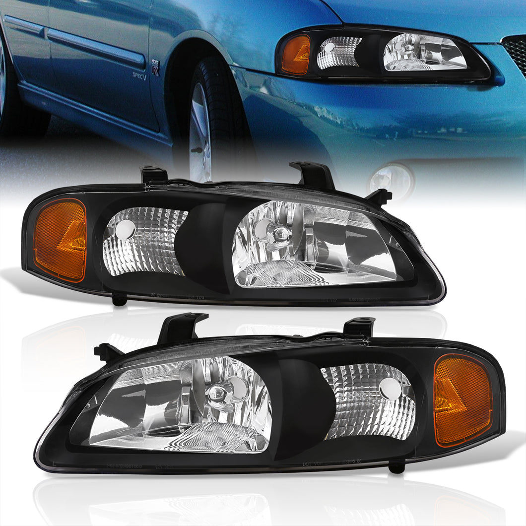JDM Style Headlights For 2000-2003 Nissan Sentra - Black Housing With Amber Reflectors, Pair