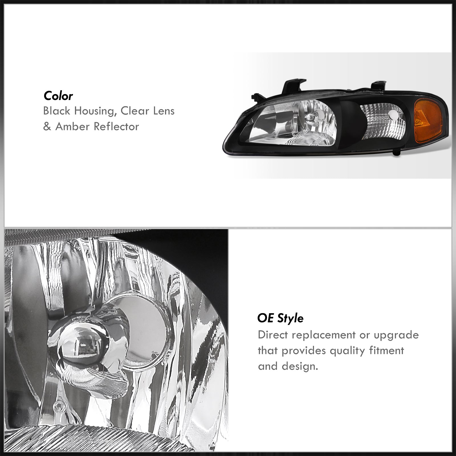 JDM Style Headlights For 2000-2003 Nissan Sentra - Black Housing With Amber Reflectors, Pair