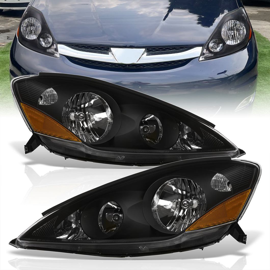 Toyota Sienna 2006-2010 Factory Style Headlights Black Housing Clear Len Amber Reflector (Halogen Models Only)