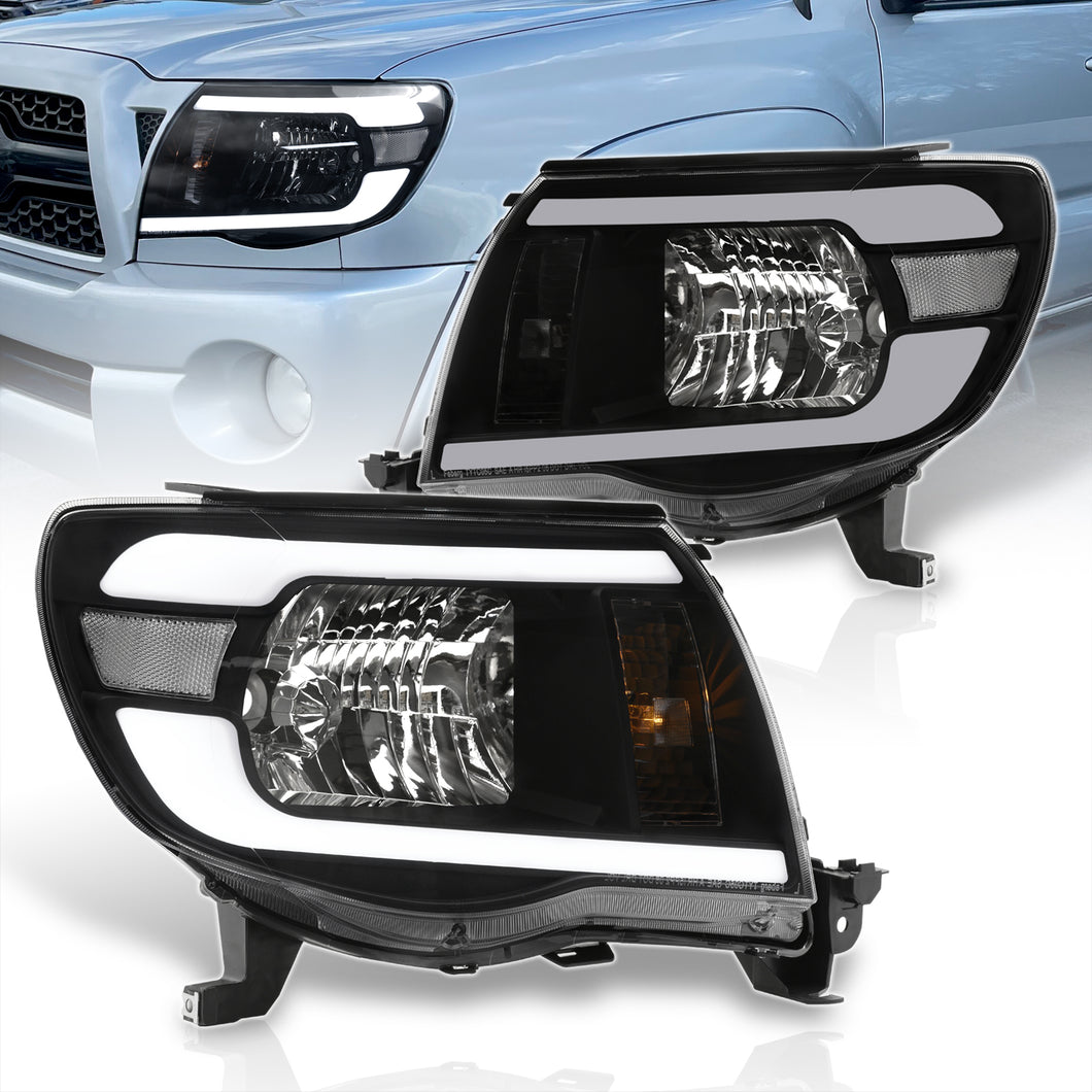 Toyota Tacoma 2005-2011 LED DRL Bar Factory Style Headlights Black Housing Clear Len Clear Reflector