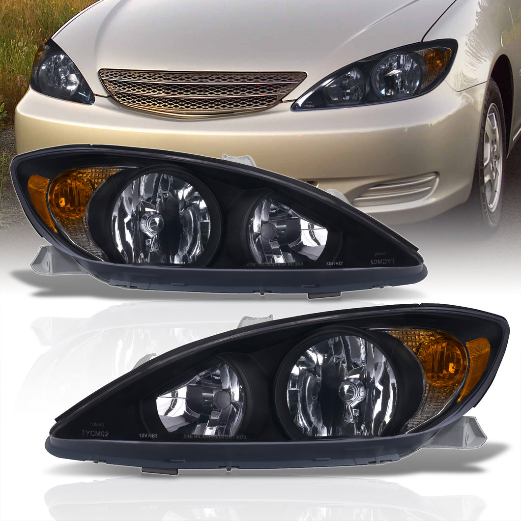 Toyota Camry 2002-2004 Factory Style Headlights Black Housing Clear Len Amber Reflector