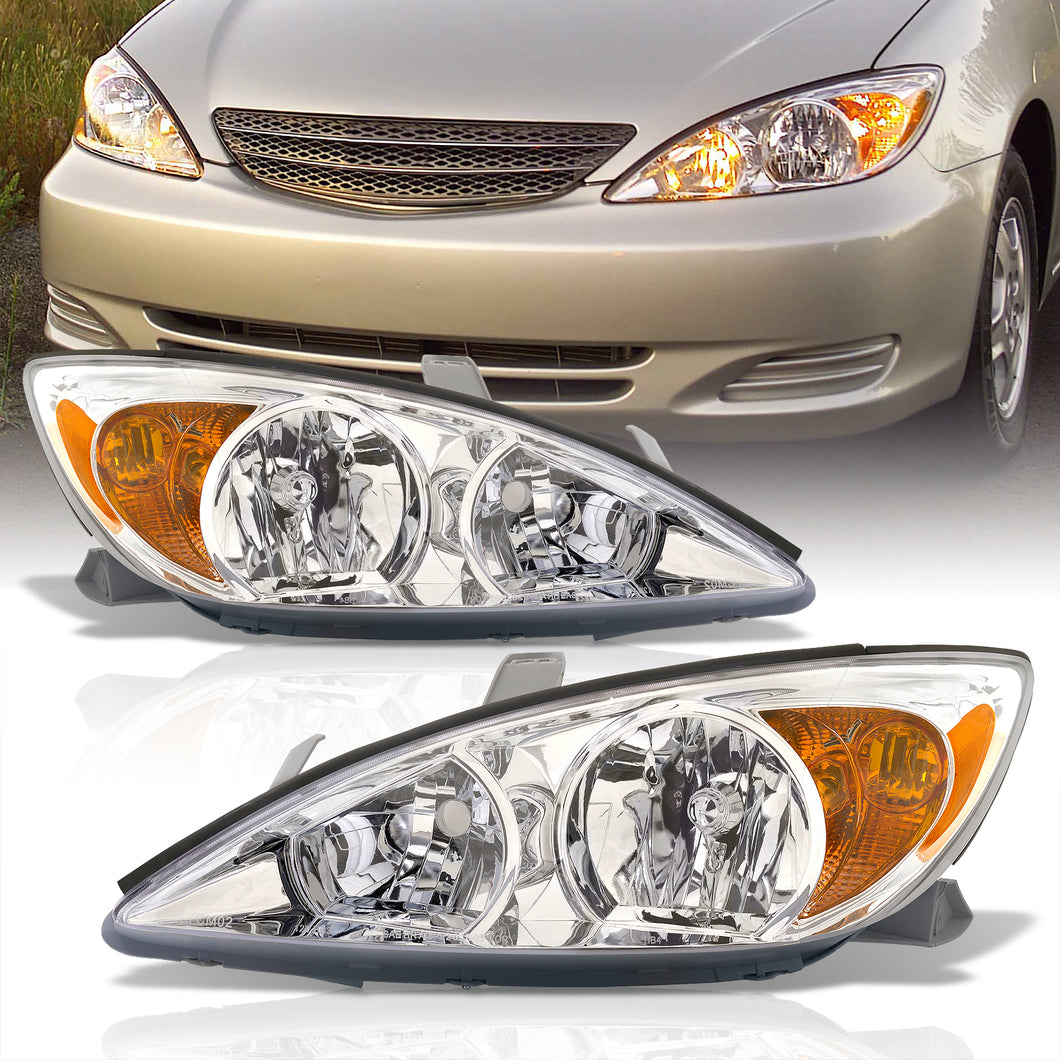 Toyota Camry 2002-2004 Factory Style Headlights Chrome Housing Clear Len Amber Reflector