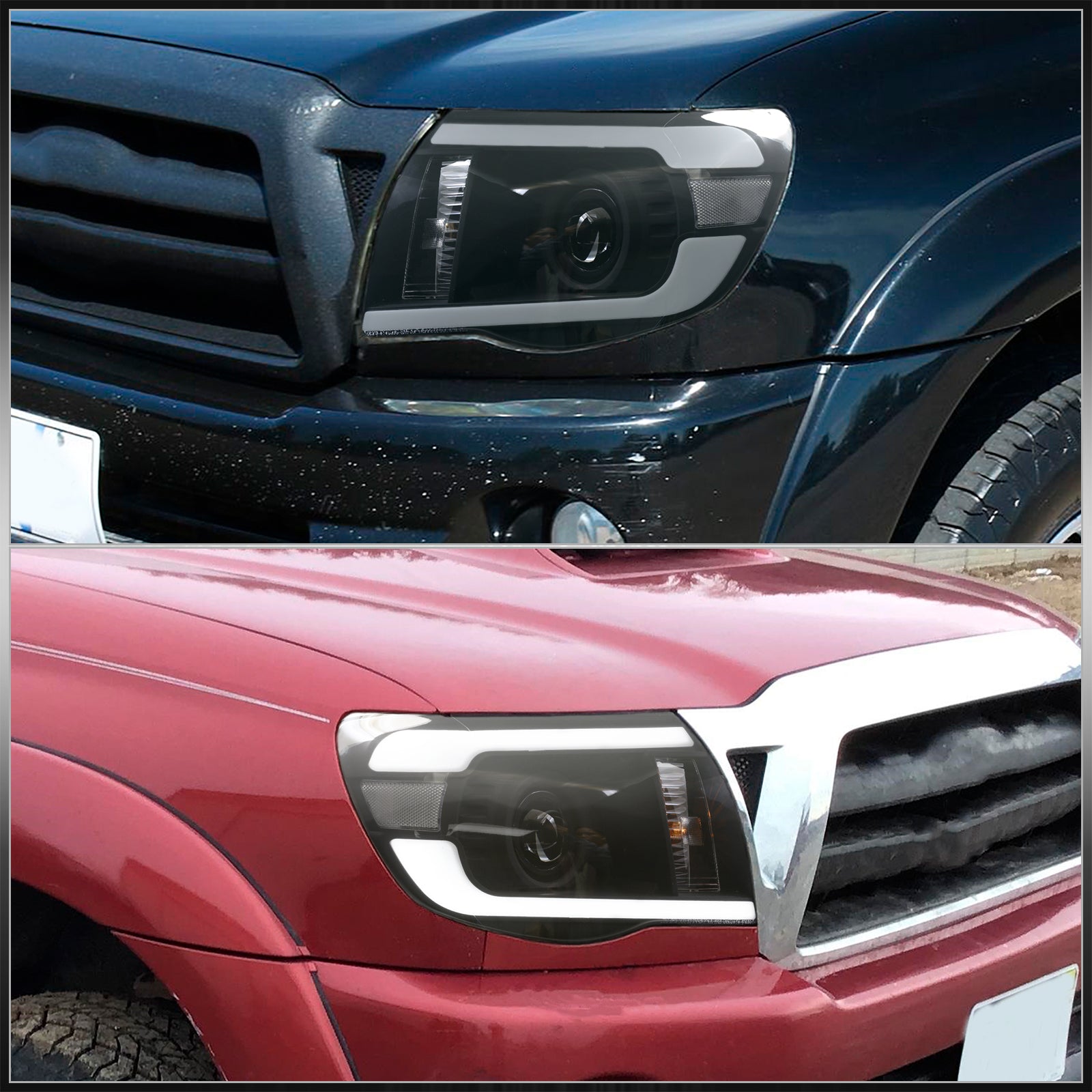 thumbnail image 2 of Black Headlight Assemblies W/ LED Tube Bar – Fits 2005-2011 Toyota Tacoma, Pair, DOT/SAE 2 of 6