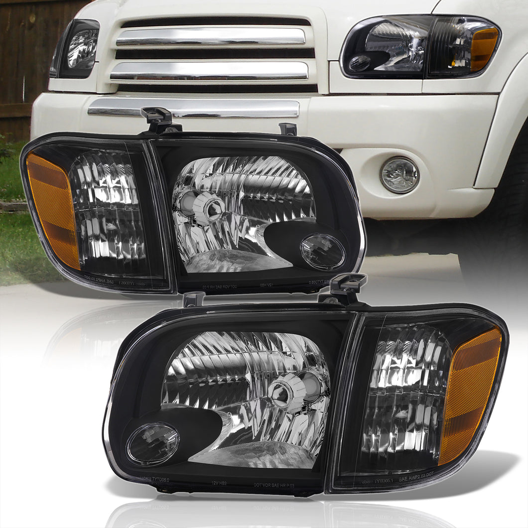 Toyota Tundra (Double Cab / 4 Door Models Only) 2005-2006 / Sequoia 2005-2007 Factory Style Headlights + Corners Black Housing Clear Len Amber Reflector