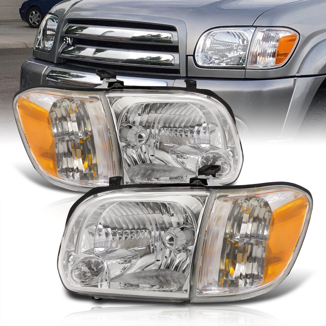 Toyota Tundra (Double Cab / 4 Door Models Only) 2005-2006 / Sequoia 2005-2007 Factory Style Headlights + Corners Chrome Housing Clear Len Amber Reflector