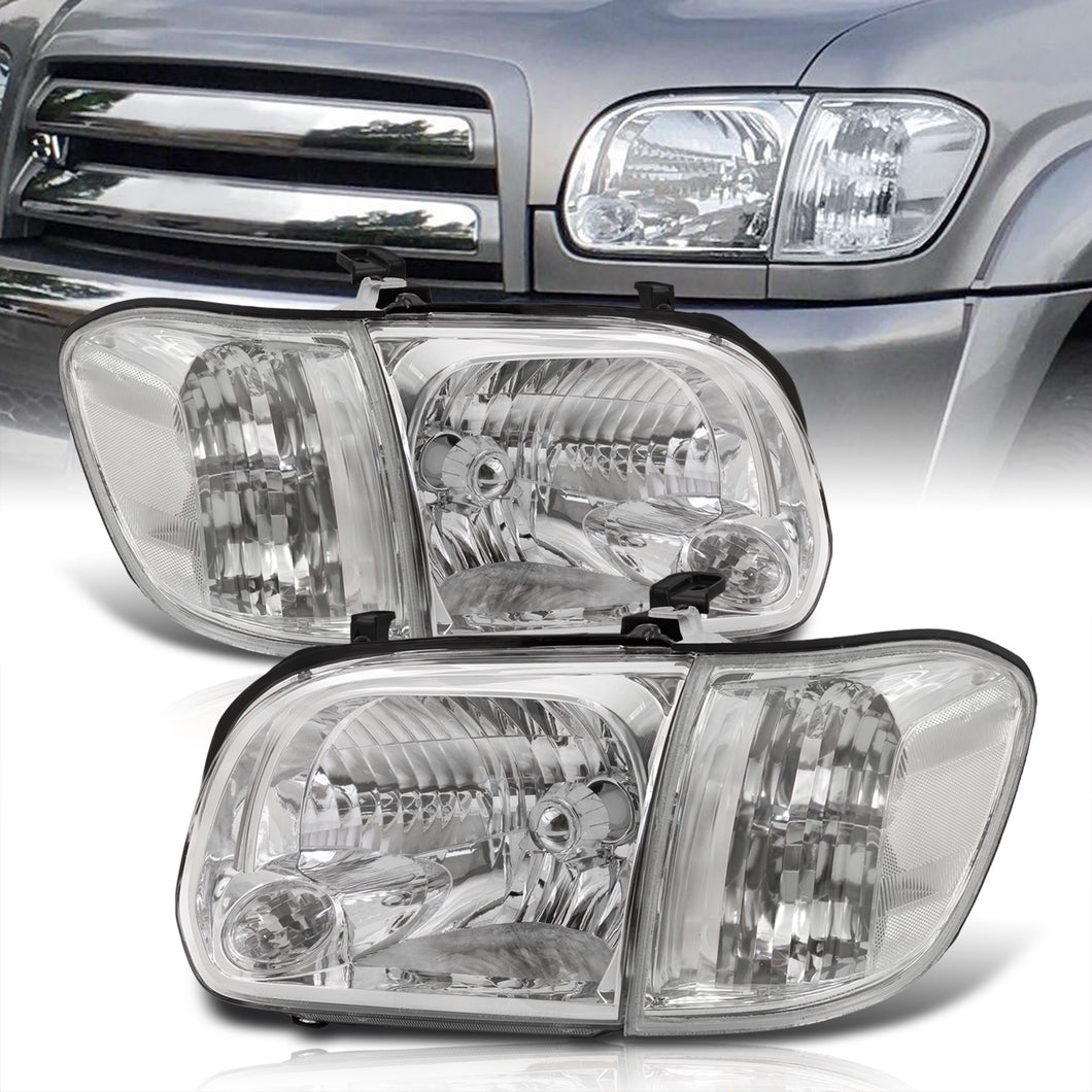 Toyota Tundra (Double Cab / 4 Door Models Only) 2005-2006 / Sequoia 2005-2007 Factory Style Headlights + Corners Chrome Housing Clear Len Clear Reflector
