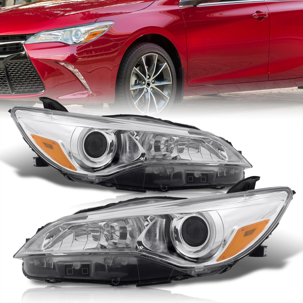 Toyota Camry 2015-2017 Factory Style Headlights Chrome Housing Clear Len Amber Reflector (Halogen Models Only)