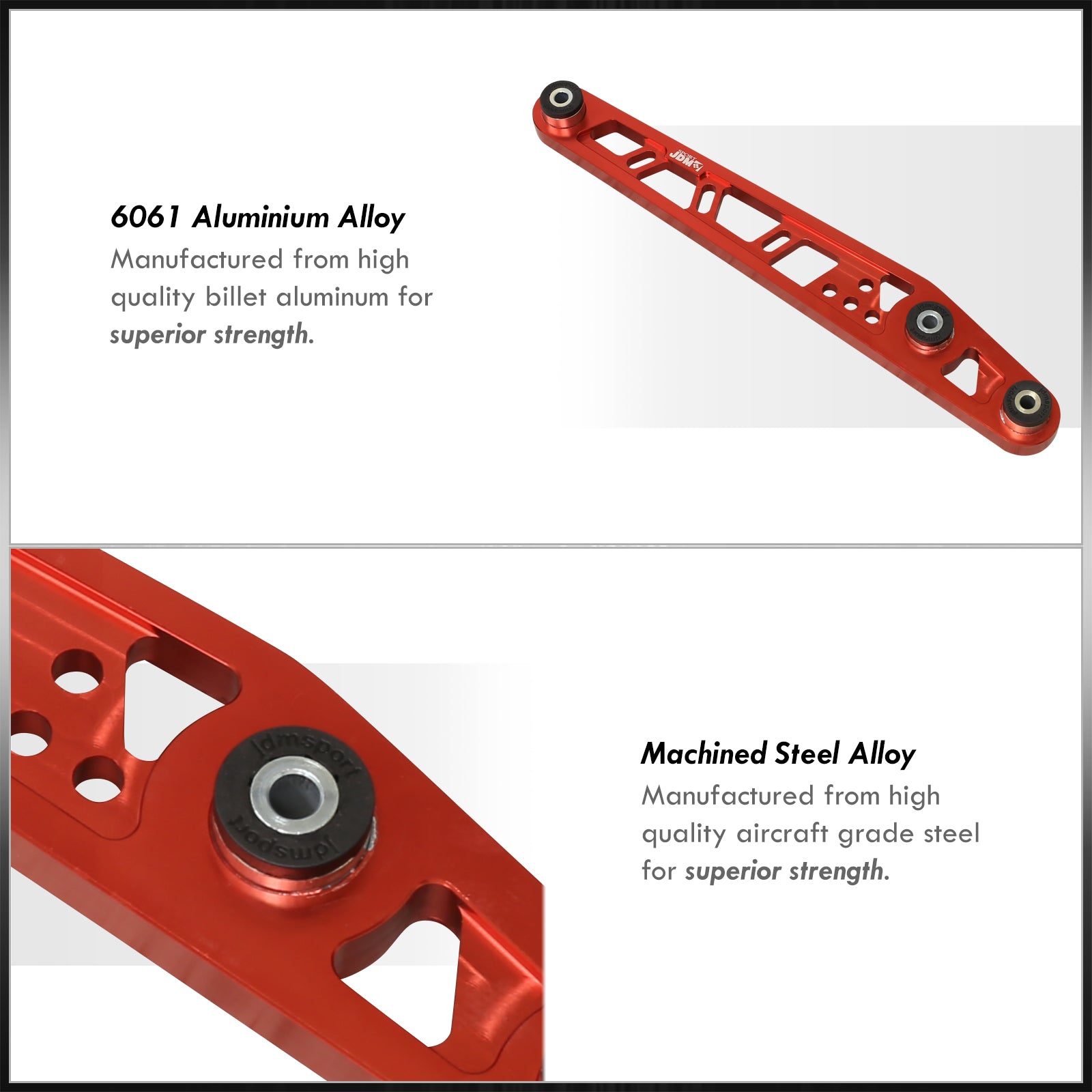 thumbnail image 2 of AJP Distributors Black Aluminum Rear Lower Control Arms With Red Bushings For 1996-2000 Honda Civic 2 of 5